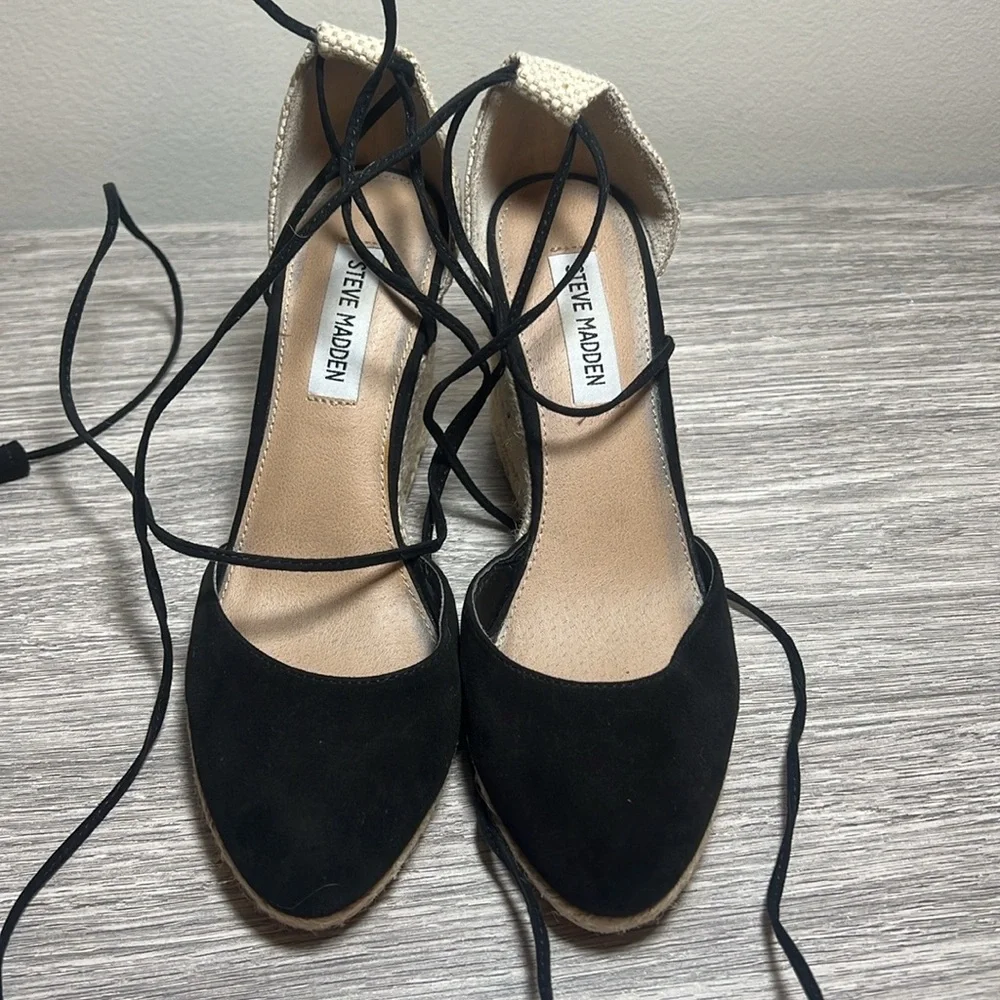 Steve Madden Black and Natural Espadrille Wedge Sandals